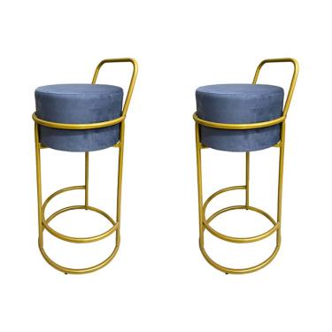 Imagem de Kit 2 Banquetas Alta Redonda Base Dourada Veludo - Cinza