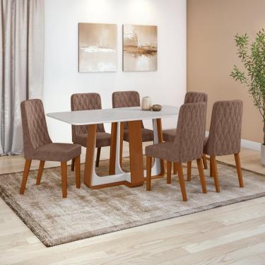 Imagem de Conjunto Sala de Jantar Mesa Easy Pop 170x90cm Tampo Vidro/MDF com 6 Cadeiras Seat Couro Morano Avelã Frassino/Off White