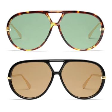 Imagem de VANLINKER Óculos de sol aviador polarizados modernos para mulheres e homens, retrô, grandes, redondos, óculos escuros vintage VL9798, Pacote com 2 - c4+c5-tartaruga/verde e preto/marrom, M