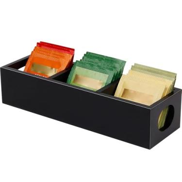 Imagem de Organizador de saquinhos de chá, suporte de saquinho de chá de madeira preto, recipientes de armazenamento de chá com 3 compartimentos, suporte de pacote de açúcar, caixa de saco de chá para bancada