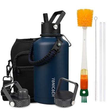 Imagem de YONICOER Garrafa de água isolada de 1,8 g, aço inoxidável a vácuo de parede tripla (pode ser lavada na lava-louças), à prova de vazamento e não BPA, jarro com alça de paracord e tampas de bico de