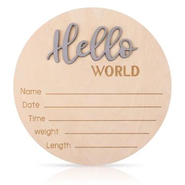 Imagem de Placa Anúncio de Bebê, 15cm em Madeira Hello World Placa de Boas-Vindas para Recém-Nascido Anúncio Nascimento com Nome para Hospital Quarto Bebê (Cinzento)