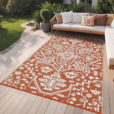 Imagem de Tapete de palha de plástico reversível impermeável 20 x 25 cm, resistente aos raios UV, medalhão vintage, tapete de acampamento para pátio, deck, varanda, piquenique, tapete externo grande, vermelho