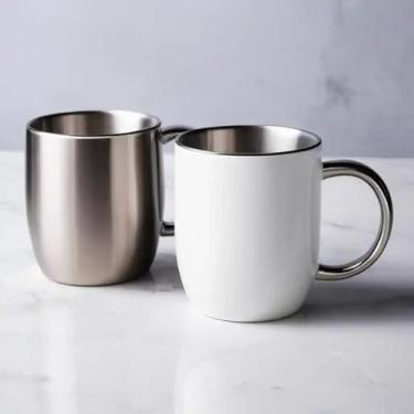 Imagem de Caneca Térmica Parede Dupla em Aço Inox Branca 350ml com Base Antiderrapante - Estilo Premium