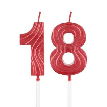 Imagem de iNINGER Velas vermelhas de aniversário número 18, topo de bolo de feliz aniversário de 18 anos, número em formato de diamante 3D, velas de bolo feliz para festas, casamentos, reuniões, festas