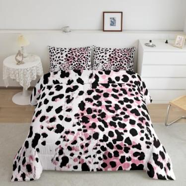 Imagem de jejeloiu Jogo de cama solteiro com estampa de animais de guepardo rosa e preto, para meninos, meninas, adolescentes, safári, respirável, 1 edredom com 1 fronha