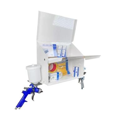 Imagem de Caixa magnética branca para cabine de pulverização - Gabinete de compartimento duplo com suporte duplo para pistola de pulverização, suporte de pistola de pulverização, caixa de armazenamento de tinta