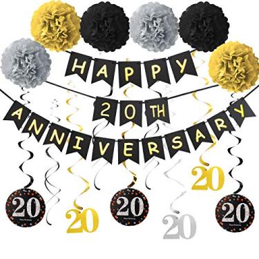 Imagem de Yoaokiy Kit de acessórios para decoração de 20 anos - incluindo faixa de aniversário feliz com glitter, 9 peças de redemoinho para pendurar, 6 peças de pompons - 20 acessórios para decoração de festa de aniversário de casamento