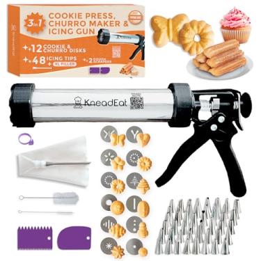 Imagem de KneadEat Máquina de Churro Premium 68 peças - Kit de Pistola de Prensa de Biscoitos Spritz - Pistola de Gelo. 12 Discos de Biscoito e Churro. 48 Pontas de Gelo. Enchimento XL. Saco de Confeitar