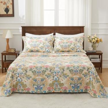 Imagem de Kingrest Jogo de cama solteiro 100% algodão GG - 4 peças de lençóis leves e refrescantes, bolso profundo de 40,6 cm, roupa de cama percal respirável, lençóis de luxo macios e duráveis (flor clássica)