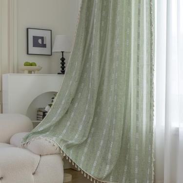 Imagem de Erbnaryx Cortinas Boho bordadas para sala de estar quarto 1 painel L 159 x C 192 bolso de haste verde sálvia, listrado fazenda chique texturizado, borlas vintage feito à mão decoração country.