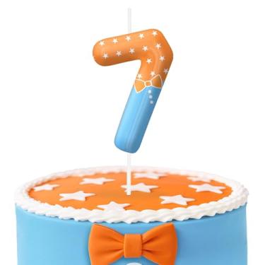 Imagem de Velas de aniversário número 7 azul laranja, topo de bolo com tema de desenho animado para decoração de bolo para meninos e meninas, decorações de aniversário, suprimentos de festa, velas com números