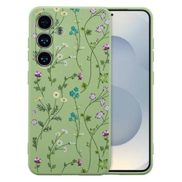 Imagem de RALEAVO Capa para Samsung Galaxy S24, linda capa floral com estampa de ramo de flor, capa de telefone de silicone líquido para meninas e mulheres, capa protetora fina de borracha macia para S24, verde