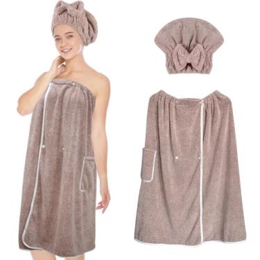 Imagem de SUNLAND Conjunto de toalha de banho feminina de microfibra e toalha de secagem de cabelo, envoltório de corpo macio ajustável com toalhas de cabelo, super absorvente para secagem rápida 81 cm x 152 cm