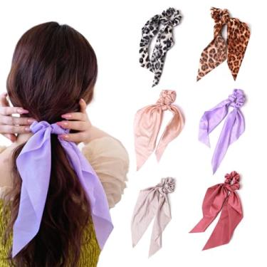 Imagem de XYNAME 6 peças elásticos de seda acetinada laços de cabelo de orelha de coelho com laços bobbles cordas elásticas de cabelo suportes de rabo de cavalo acessórios de cabelo para mulheres