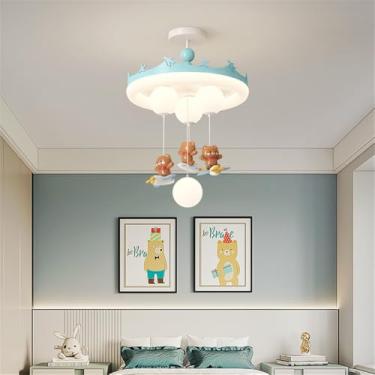 Imagem de OUFULA Nordic Moderno Quarto Infantil Lâmpada Pendente LED Personalizado Criativo Carrossel Quarto da Menina Jardim de Infância Decoração Luz (B D50H74CM Azul)