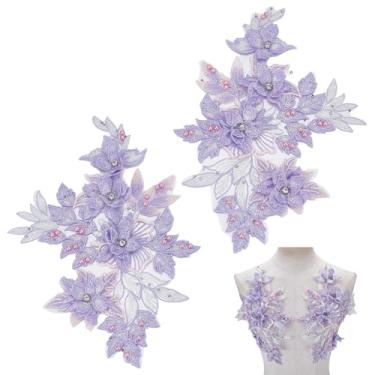 Imagem de PLIGREAT 2 peças de apliques de renda com flores bordadas em 3D, apliques de pérolas com contas, costura decorativa em tecido de renda, apliques para vestidos faça você mesmo, roupas de casamento