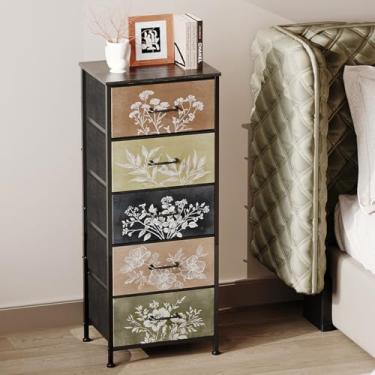 Imagem de Tohomeor Cômoda vintage vertical mesa de cabeceira com tecido botânico neutro gavetas para armário banheiro armazenamento torre unidade cama lateral organizador rústico casa de fazenda (multi, 5