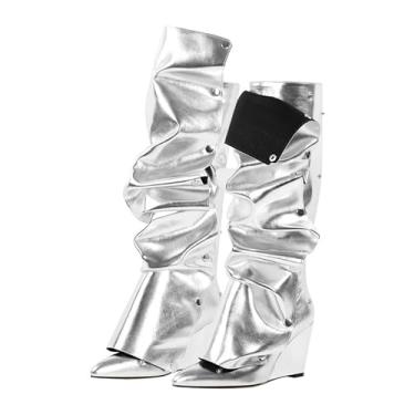 Imagem de pinokino Botas femininas com salto plataforma até o joelho e botões dobráveis, Prata, 42