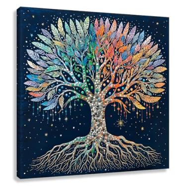 Imagem de Árvore da Vida Arte de Parede Impressão em Tela Fundo Cósmico Decoração de Sala de Estar Pintura de Folhas Coloridas 50x50cmx1