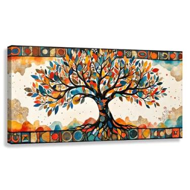 Imagem de Árvore da Vida Arte de parede Impressão em tela Decoração de sala de estar Cores vibrantes Símbolos da natureza 60x30cmx1