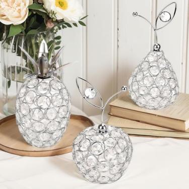 Imagem de Conjunto de 3 decorações de mesa de centro de mesa de metal prateadas, conjunto de cristal feito à mão, inclui abacaxi pera, maçã, enfeite de frutas, decoração de bar de festa de casamento, feriado