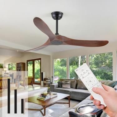 Imagem de AuraQify Ventiladores de teto de 52 polegadas sem luzes, ventilador de teto de madeira maciça com controle remoto e motor silencioso CC para pátio, sala de estar, quarto, nogueira escura (inclui 3