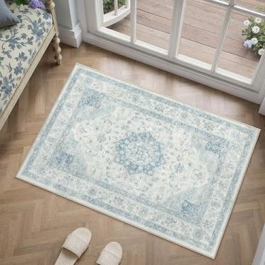 Imagem de PureCozy Tapete de área azul, 5 x 7 cm, lavável, vintage, pequeno para entrada, cozinha, macio, retrô, camada baixa, tapete de porta fino, antiderrapante, para banheiro, escritório, quarto, sala de