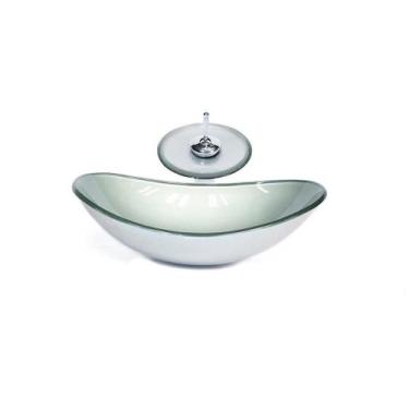 Imagem de Cuba De Vidro Oval 47Cm Prata + Valvula + Torneira Cascata - Cubas E G