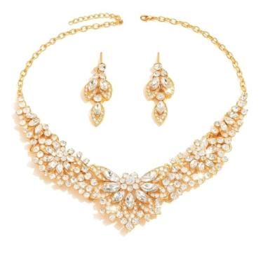 Imagem de Conjunto Colar Brinco Dourado Zircônia Cúbica Prata Folha Floral - Casamento Festa Formatura Debutante - Presente Noiva Madrinha Mãe Namorada Amiga - Luxo Réveillon Ano Novo
