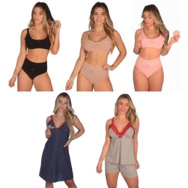 Imagem de Kit 3 Sutiã de Amamentação +3 Calcinha Cós Alto Pós Parto +1 Camisola 