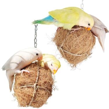 Imagem de Brinquedos de forrageamento pendurados para gaiola de pássaros, brinquedo de mastigar papagaio, bolas de fibra de coco natural penduradas para mastigar, amigo do ambiente, alívio de estresse, ideal
