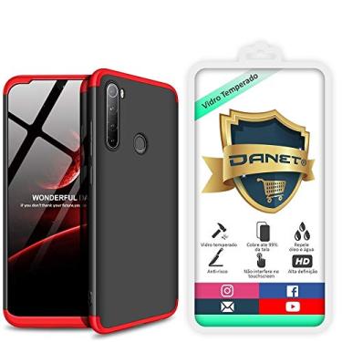 Imagem de Kit Capa Capinha Anti Impacto 360 Full Para Xiaomi Redmi Note 8 Com Tela 6.3Polegadas - Case Acr�lica Fosca Com Pel�cula De Vidro Temperado - Danet (Preto com vermelho)