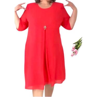 Imagem de Vestido elegante solto casual de cintura alta para mulher, vestido de meia perna plissado de férias com manga 3/4 e cor sólida de tamanho grande para o verão, vermelho, 5XL