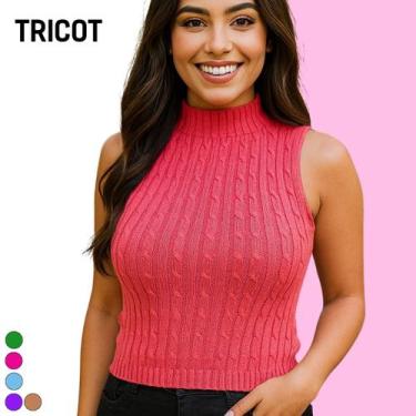 Imagem de Blusa Tricot Canelado Regata com Trancinha Verão Gola Alta - Vitrine C