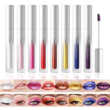 Imagem de Domality Conjunto de 8 peças de brilho labial metálico com glitter, batons líquidos metálicos brilhantes e perolados, conjunto de maquiagem para manchas labiais, sombra delineadora com glitter