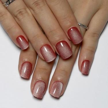 Imagem de Unhas curtas quadradas de pressão, olho de gato vermelho, unhas postiças de gel moderno, unhas postiças de acrílico reutilizáveis, unhas postiças femininas, glitter e cola, vermelho, branco, 24 peças