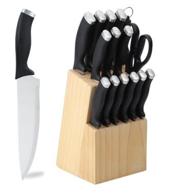 Imagem de Conjunto de facas de cozinha, conjunto de facas de chef com bloco e afiador, facas ultra afiadas de aço inoxidável de alto carbono para cozinha inclui 6 facas de bife, cabo antiderrapante, preto