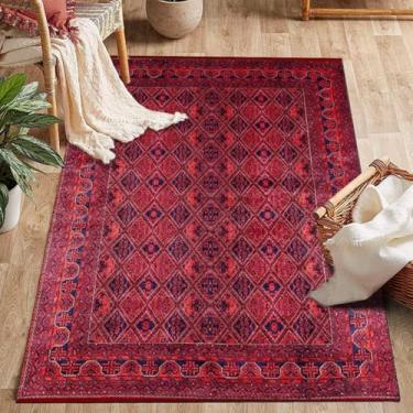 Imagem de ESSMOKO Tapete de estilo turco para quarto, imitação de caxemira clássica, tapete grande, fácil de cuidar, lavável à máquina, vários tamanhos, diamante vermelho escuro, 50 x 80 cm