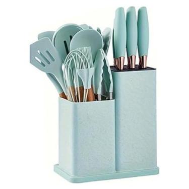 Imagem de Kit Utensílios de Cozinha 19 Peças em Silicone com Cabo de Madeira Antiaderente Resistente ao Calor