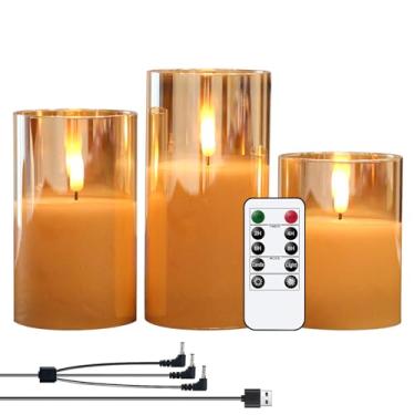 Imagem de GenSwin - Velas LED recarregáveis de vidro intermitentes sem chama com temporizador remoto, velas pilar com pilhas e velas USB de cera real dourada de longa duração (3 polegadas x 4