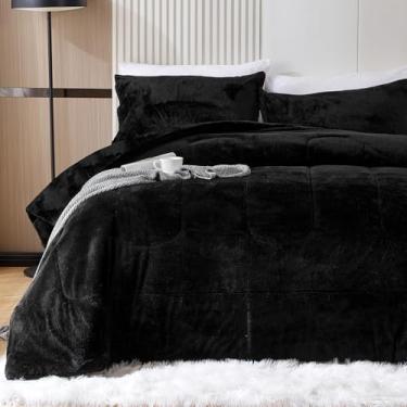 Imagem de YIYEA Conjunto de edredom de pele sintética, edredom luxuoso de lã felpuda ultramacia, veludo fofo para outono e inverno, aconchegante e quente, sem queda, 3 peças, Queen, preto