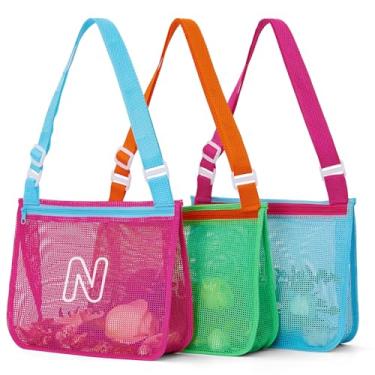 Imagem de 3 unidades de bolsas de concha impressas em alfabeto, leves e dobráveis para brinquedos de praia com alças ajustáveis, à prova d'água e portátil para piscina e praia essenciais - N