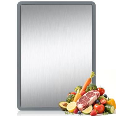 Imagem de RAOOKIF Tábua de corte de aço inoxidável 38 x 28 cm, tábuas de corte de aço inoxidável dupla face para cozinha com envoltório antiderrapante de silicone, para cortar carne, legumes, frutas, frutos do