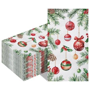 Imagem de Gueevin 50 guardanapos de papel descartáveis de Natal, bola pendurada, padrão de pinho, toalha de mão de convidado, guardanapo de festa, para casamento, férias, Natal, banheiro, cozinha, almoço (33 x