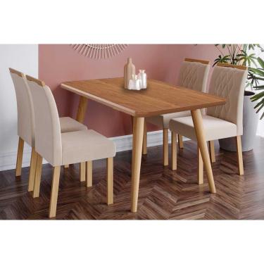 Imagem de Conjunto: Mesa de Cozinha Adele Tampo Madeirado 130x80cm e 4 Cadeiras Juliana Carvalho/Cinamomo - Suede Nude Bege - Cimol