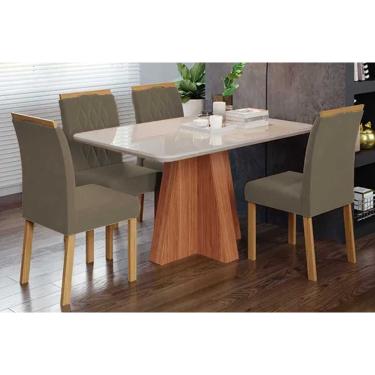 Imagem de Conjunto: Mesa de Cozinha Maitê Tampo Madeirado c/ Vidro 130x80cm e 4 Cadeiras Juliana Cinamomo/Off White - Carvalho/Suede Joli Capuccino - Cimol