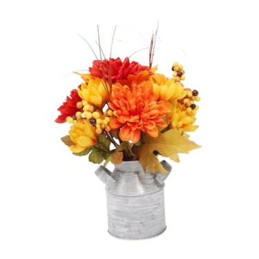 Imagem de IEUDNS Flores artificiais de outono com vaso, arranjo floral, jarra, vaso, flores artificiais de outono em balde de ferro para, festa, mesa de centro, Style C