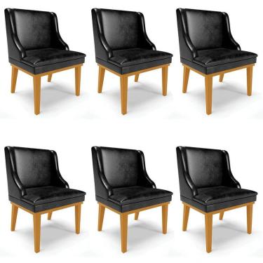 Imagem de Kit 6 Cadeiras Estofadas Base Fixa de Madeira Castanho Lia Sintético Premium Preto - Ibiza