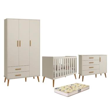 Imagem de Dormitório Infantil Isis Guarda Roupa 3 Portas, Cômoda 1 Porta e Berço Areia com Colchão D18 - Reller Móveis